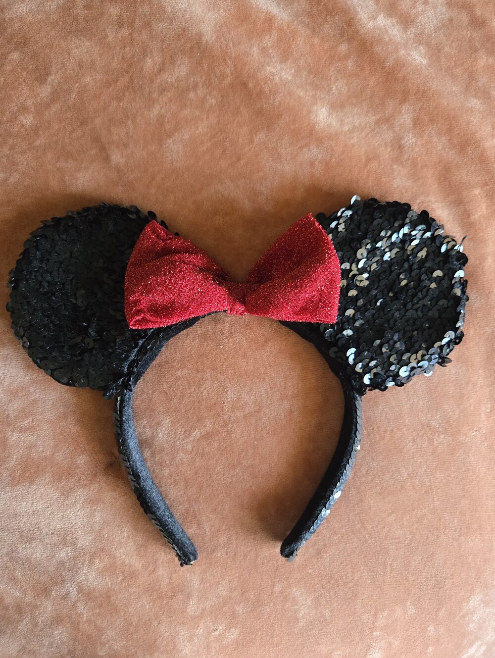 Black Sequin Women's Minnie Ears Headband with Red Bow